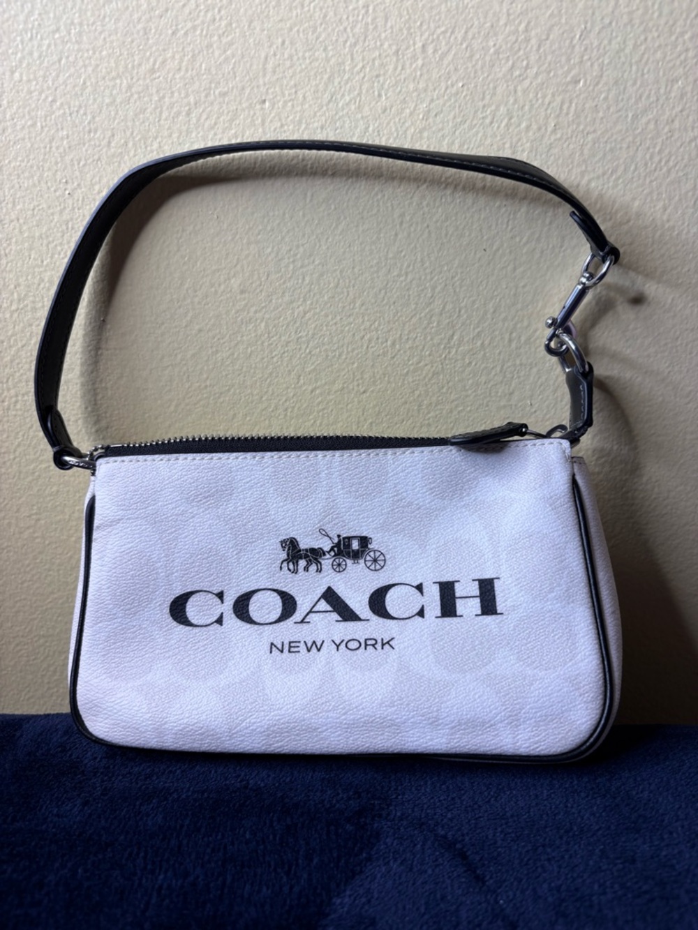 Coach Cream Logo Mini Wristlet with Black Trim